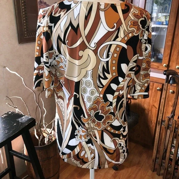 SUSAN GRAVER SIZE SMALL BROWN AND TAN MULTICOLORED SHORT SLEEVE BLOUSE 🔔 SLEEVE - Picture 4 of 4
